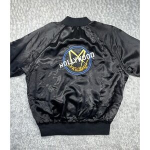 Vintage Bomber Jacket Womens XL Black Shiny Satin Embroidered Classic